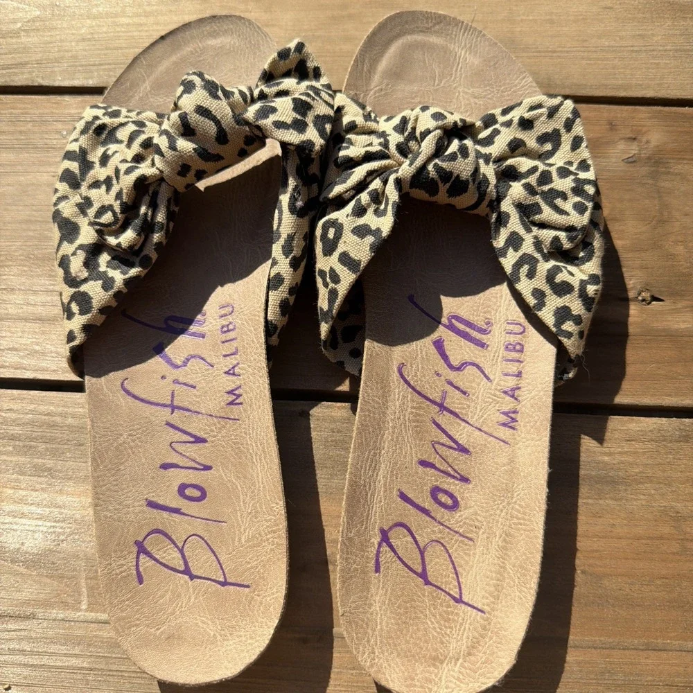 Blowfish Women's Animal Print Bow Slide Sandals Cotton Blend Slip-On Size 6.5